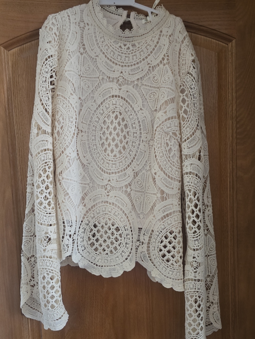 Ultra Pink Cream Crochet Lace Long Sleeve Blouse